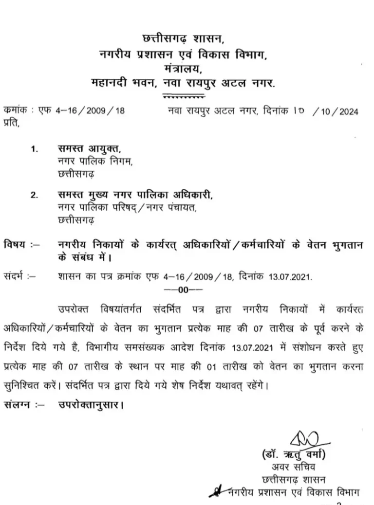 CG:निकाय कर्मचारियों की बल्ले-बल्ले, अब एक तारीख को मिलेगा वेतन